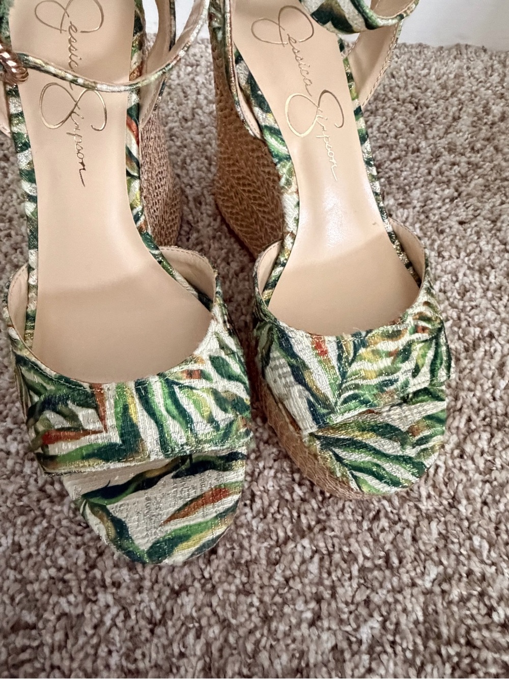 Jessica Simpson Green Leaf-Print Wedge Sandals with Ankle Strap - Picture 5 of 6